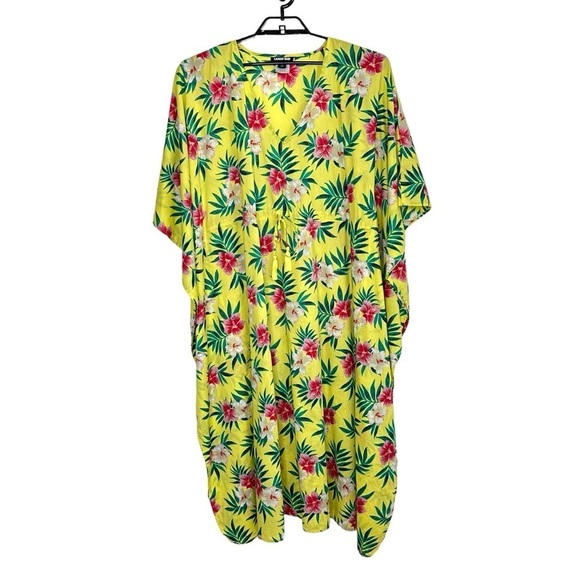 LANDS’ END Tropical Floral Maxi Kaftan Swim Coverup Sz XL Yellow V Neck Cotton - Picture 2 of 9